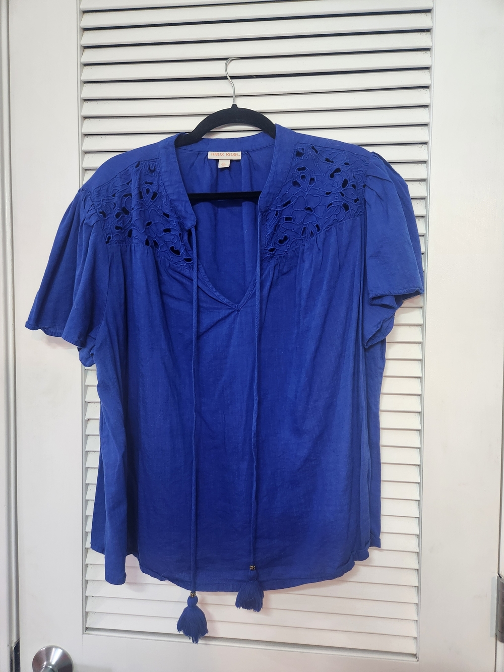 Royal Blue V-Neck Tassel Peasant Top